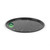Black perforated pizza tray with PFAS free label, shown from above