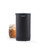 Black electric milk frother with ribbed finish, shown next to a glass of iced coffee.