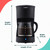 Black filter coffee maker with glass jug, shown with dimensions: 34.4 x 27 x 17.8 cm