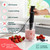 Hand blender in black beaker blending strawberry smoothie with key features shown