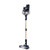 Cordless stick vacuum cleaner in dark blue and gold, upright with LED lights