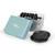 Set of black waffle plates in clear storage box with blue lid