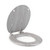Grey wood effect toilet seat with lid, shown open, chrome hinges
