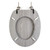 Grey wood effect toilet seat, oval shape, shown from above with metal hinges.