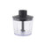 Food chopper attachment with clear bowl and black lid, shown on white background