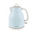 Blue electric kettle with cream handle, Salter branding, shown from side.