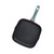 Square black grill pan with blue handle, shown from above