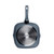Square blue non-stick frying pan shown base up with metal induction plate and handle.