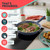 Blue non-stick frying pan with steak, showing PFAS-free, induction-suitable features