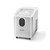 Silver countertop ice maker with clear lid, filled with ice cubes