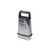 Stainless steel box grater with black handle and measuring container