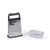 Stainless steel box grater with black handle and clear measuring container.