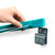 Retractable teal clothesline being hooked onto a silver wall bracket