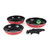 Set of three red non-stick frying pans with removable handle, PFAS free.