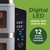 Promotional graphic showing oven LED display, control dial and 12 preset cooking functions