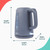 Blue cordless kettle with height, length and width dimensions shown