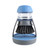 Blue and grey dish brush with soap dispenser and stand, shown from the front.