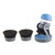 Blue and grey dish brush set with two replacement heads and a storage base
