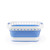 Collapsible blue and white laundry basket shown from the side