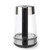 Glass electric kettle with stainless steel base and black handle, shown from the back.