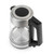 Glass coffee carafe with stainless steel lid and black handle, empty, side view