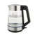 Glass electric kettle with black handle and stainless steel accents, shown filled with water