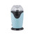 Blue and black electric popcorn maker with transparent lid, upright on white background