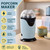 Blue popcorn maker with key features including 1200W power and no oil needed
