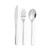 Three-piece silver cutlery set with knife, fork, and spoon on white background