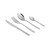 Four-piece silver cutlery set with hammered handles, includes knife, fork, dessert spoon, and teaspoon