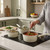 Cream saucepan set on hob with stew, being stirred, in modern kitchen setting