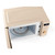 Stone-coloured microwave with open door, digital display and wood-effect control knob