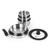 Set of stainless steel camping cookware with detachable handle and glass lid.