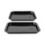 Set of two black rectangular baking trays, shown side by side.