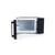 Black countertop microwave with open door, showing interior and glass turntable