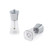 Clear acrylic salt or pepper mill with silver top, shown upright and on its side