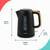 Black cordless kettle with wood-effect handle, 1.7L, dimensions shown