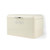 Cream metal bread bin with lid and 'BREAD' embossed on front, side view