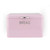 Pink metal bread bin with chrome handle, shown from the front.
