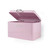 Pink metal bread bin with open lid and silver handle