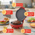 Red burger maker with burger patty and feature callouts