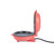 Compact red electric grill with open lid, showing non-stick cooking plates