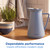 Blue Salter jug kettle on kitchen worktop with 'Dependable performance' text