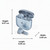 Blue wireless earbuds with charging case and dimensions shown