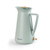 Sage green electric kettle with wooden accents and side water level indicator