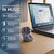 Wireless blue earbuds with charging case beside laptop, feature graphic