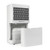 White dehumidifier with open water tank showing internal compartment