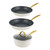 Set of two cream frying pans and one saucepan with gold handles and lid
