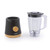 Black and wood effect blender base and clear jug, shown separated, on white background