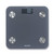 Grey digital bathroom scale with round metal sensors and LCD display, viewed from above